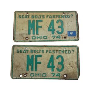 Vintage Original 1974 OHIO License Plate - 'SEAT BELTS FASTENED?' MF‎ 43 (9-9)